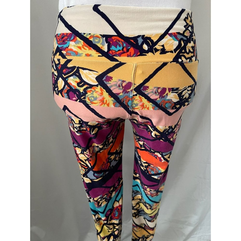 LuLaRoe Striped Rose Diamond Print Colorful Soft Stretch Leggings/Pants - Picture 6 of 8
